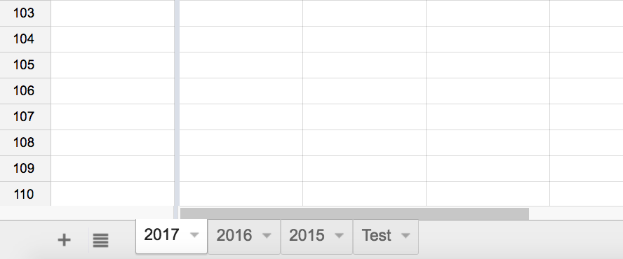 Each column is a month, each tab is a year.