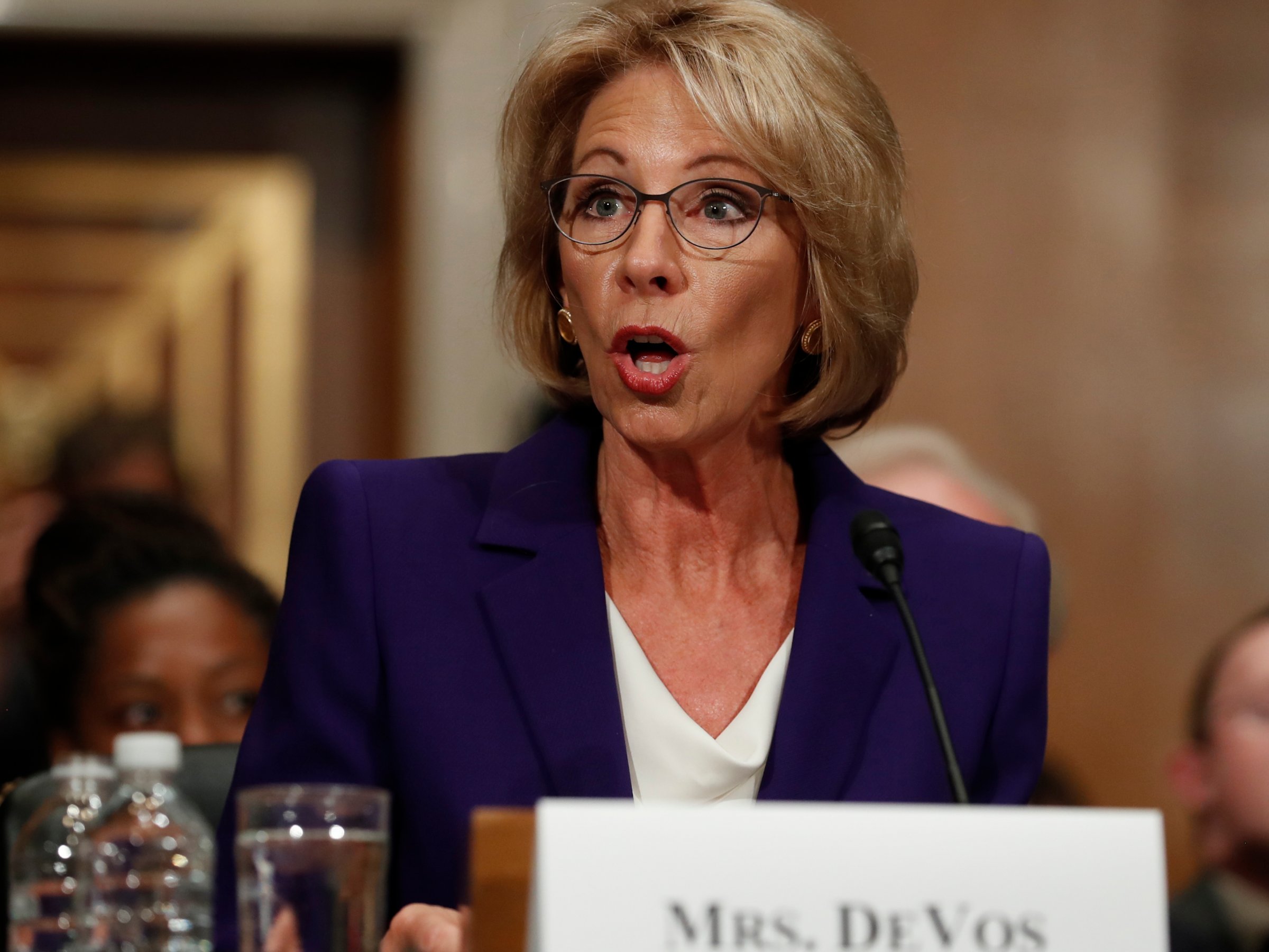 Education Secretary-designate Betsy DeVos testifies on Capitol Hill in Washington, Tuesday, Jan. 17, 2017, at her confirmation hearing before the Senate Health, Education, Labor and Pensions Committee.