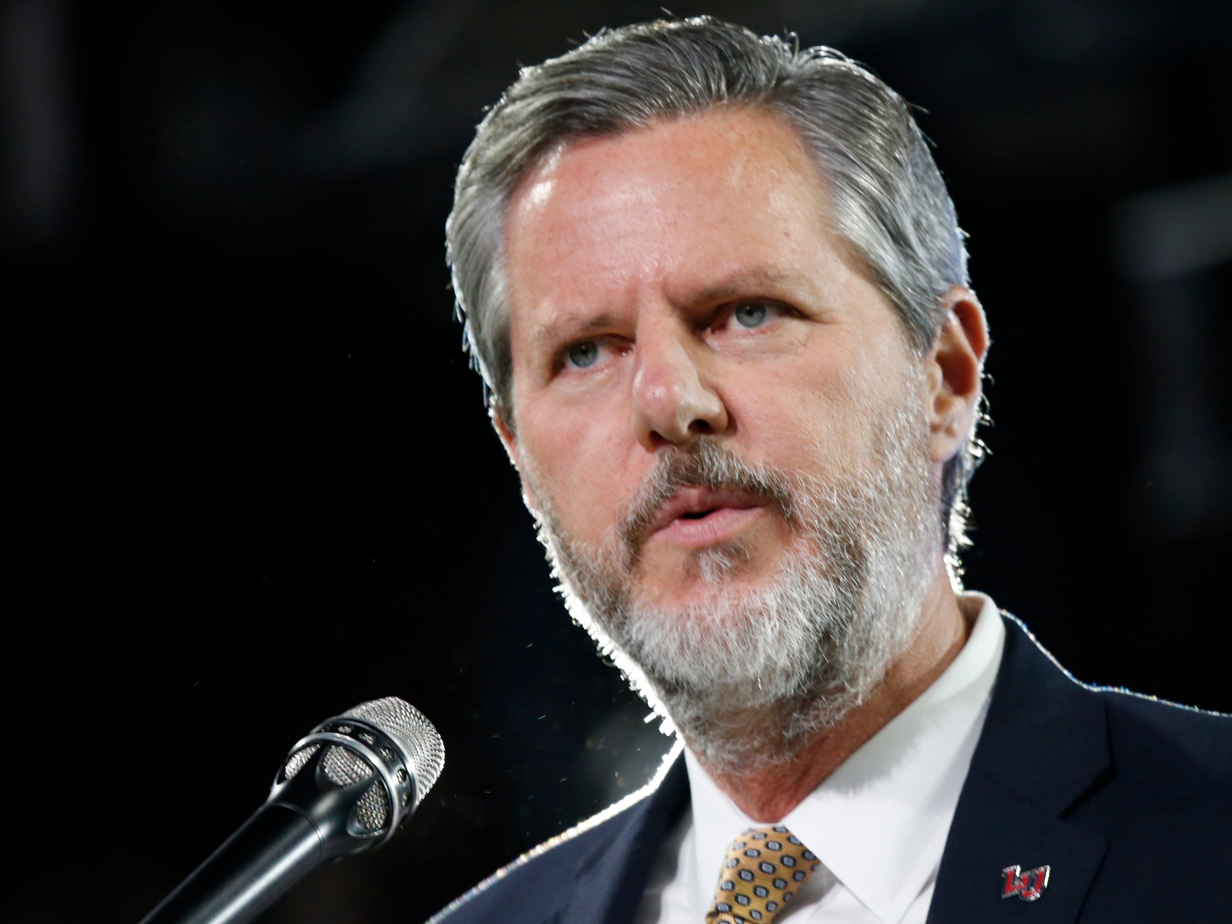 Liberty University president Jerry Falwell, Jr. introduces Republican Vice Presidential candidate, Indiana Gov. Mike Pence at Liberty University in Lynchburg, Va., Wednesday, Oct. 12, 2016. (AP Photo/Steve Helber)