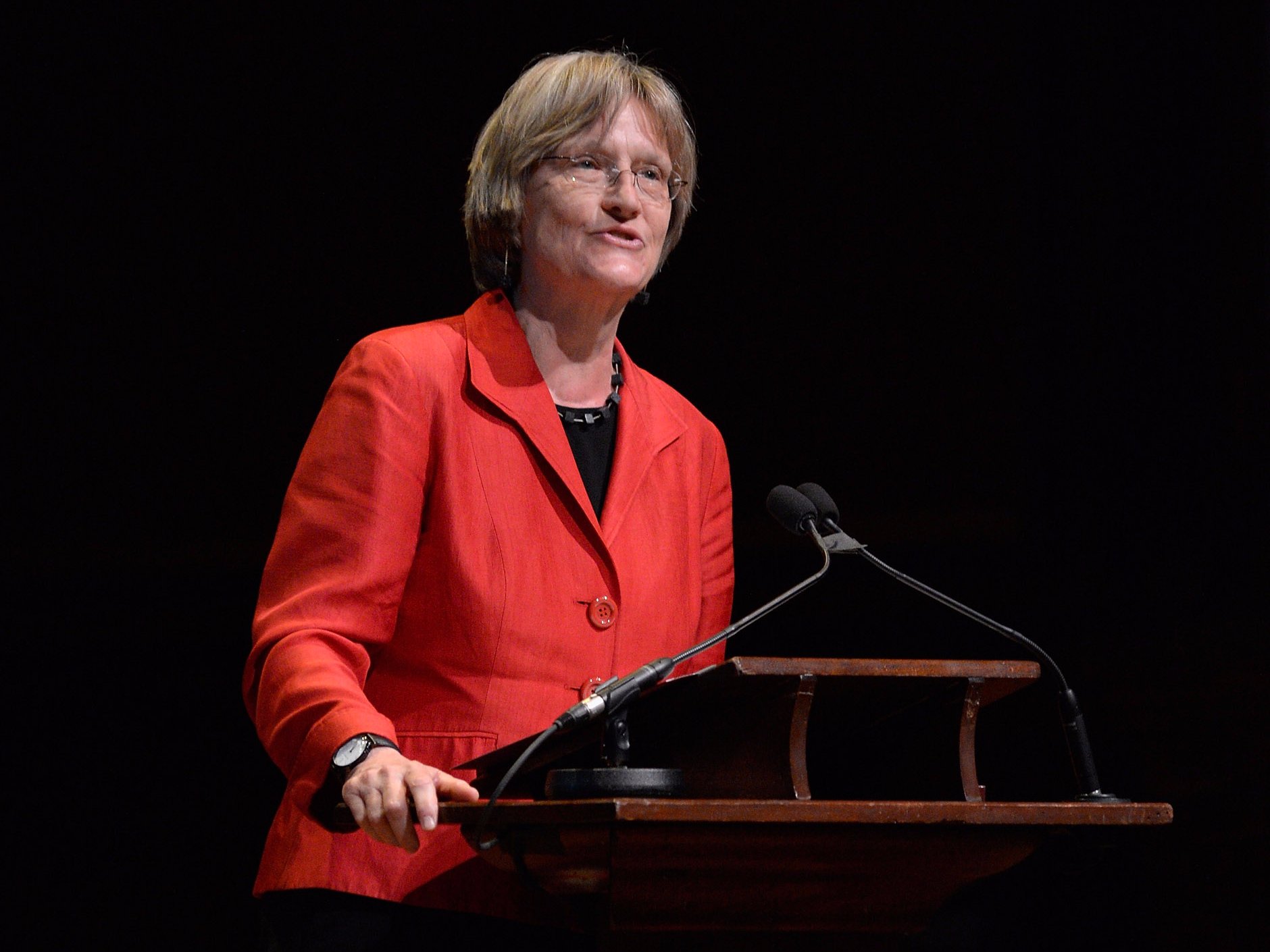 Harvard President Drew Gilpin Faust speaks at the 2013 Harvard Arts Medal ceremony, awarded to Matt Damon, at Harvard University's Sanders Theatre on April 25, 2013 in Cambridge, Massachusetts. (