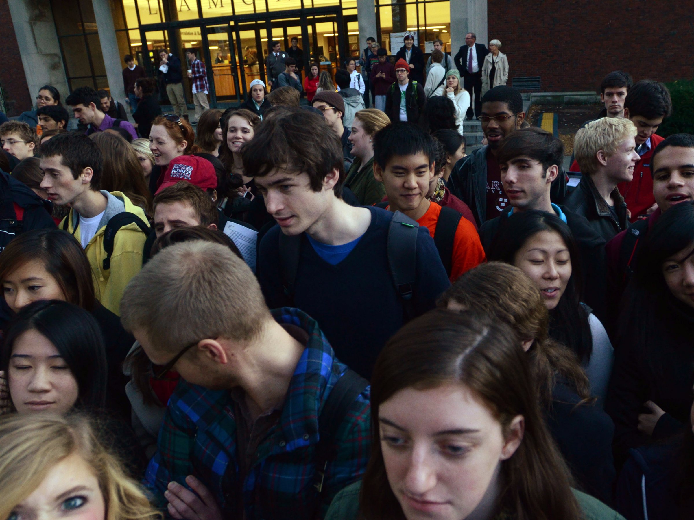 Harvard University students wait to see Facebook founder Mark Zuckerberg at Harvard University November 7, 2011 in Cambridge, Massachusetts. Zuckerberg visited Massachusetts Institute of Technology and Harvard to recruit students for jobs and internships with the social networking site.